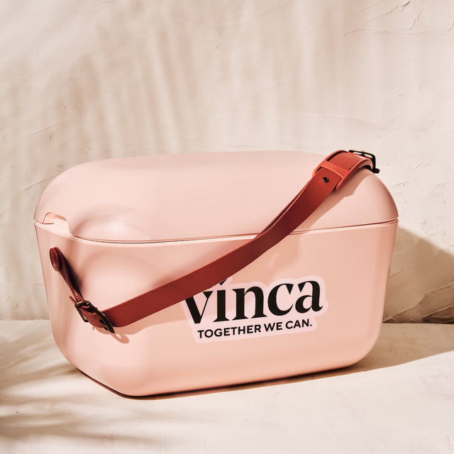 Pink bag with brown strap and 'vinca' branding on a beige background