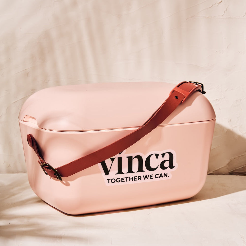 Pink bag with brown strap and 'vinca' branding on a beige background